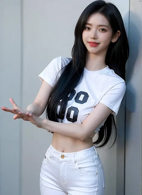 best quality, quality, masterpiece, photorealistic, 1girl，solo, White short sleeve，long blue jeans pants, long black hair,looking at viewer, smile, full body, white simple background