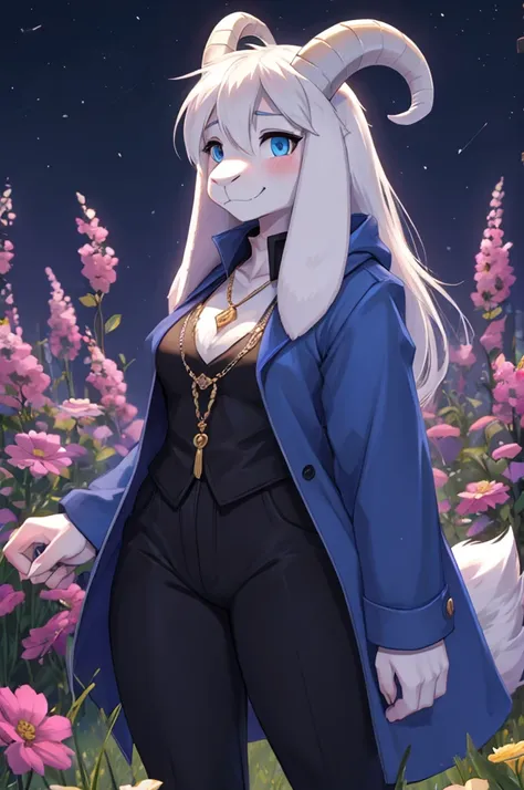 woman, young adult, shy, facial expression (embarrassed), shy, alone, in a field of flowers, furry, goat, anthropomorphic goat, Asriel, Undertale ((Asriel Dreemurr)), medium large breasts, big ass, wide hips, slender, tall, female body ((long hair, long wh...