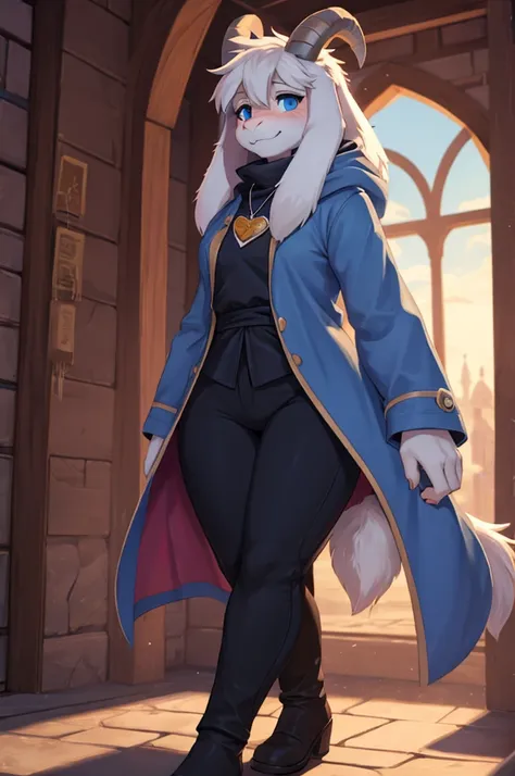 woman, young adult, shy, facial expression (embarrassed), shy, alone, walking through a kingdom, furry, goat, anthropomorphic goat, Asriel, Undertale ((Asriel Dreemurr)), medium large breasts, big ass, wide hips, body female slender, tall, ((long hair, lon...