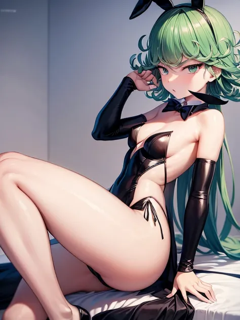 Tatsumaki, sexy bunny suit, small breasts, seductives legs