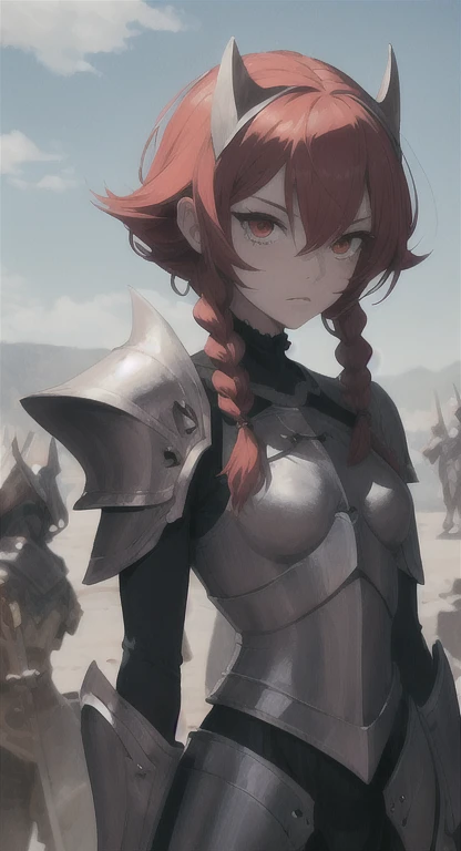 Ancient Gardevoir, paladin, lady Sylphie, red hair, red eyes, paladin braids, looking at viewer, stern, long messy hair, ancient kingdom , ancient paladin armor,