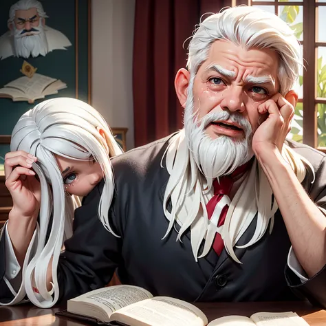 Politician Lula Brazil,the character has white skin, white beard and white hair he wears a presidential sash, black eyes. He is inside a house, he is in his office sitting on his bed. The squid is holding a Bible with both hands, she looks at the bible and...