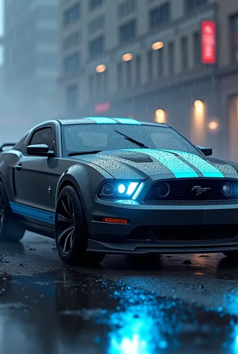 The image of a gray Ford Camaro with blue stripes with raindrops stuck to it and headlights with blue light reflecting on the wet ground and with a very aggressive front end. 
