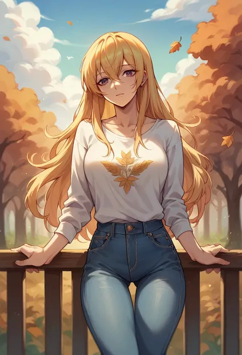 Megurine Luka, cute and sexy, adult casual clothes, jeans, morning park, autumn