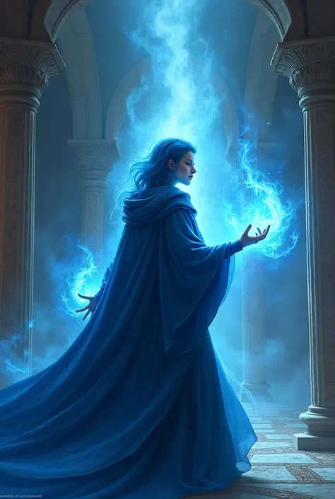 Adult woman with blue hair and blue magic wearing a blue cloak in a mystical temple 