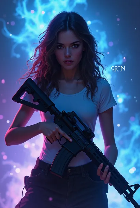 Brunette with wavy hair holding a rifle Blue and purple fire background Word QRTN on the background