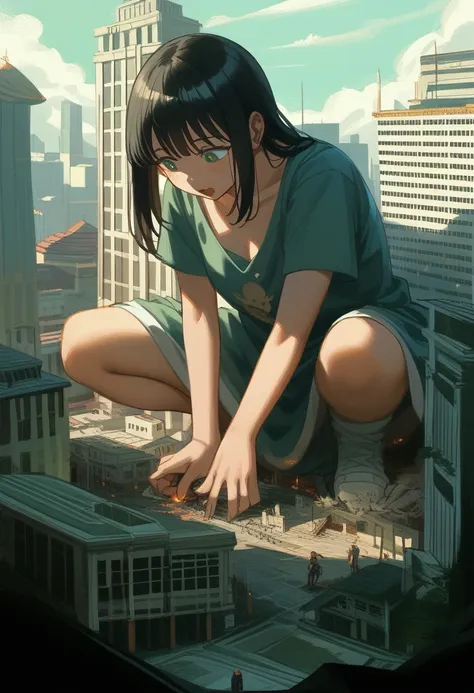 giantess、giantess woman、giantess、dynamic lighting、looming、crouch down、sit、a woman bigger than the building、8k、high quality、high ...