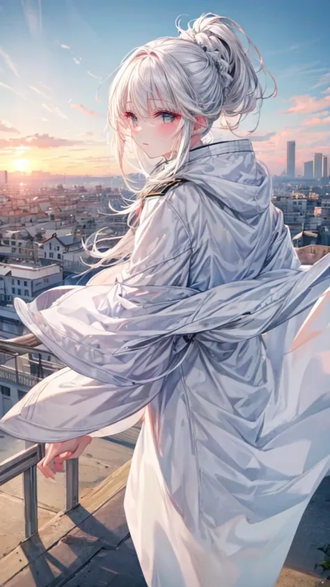 white hair, back view of girl, white coat,  city view, overlooking the city, view from the top of the cliff, exhilaration, wallp...