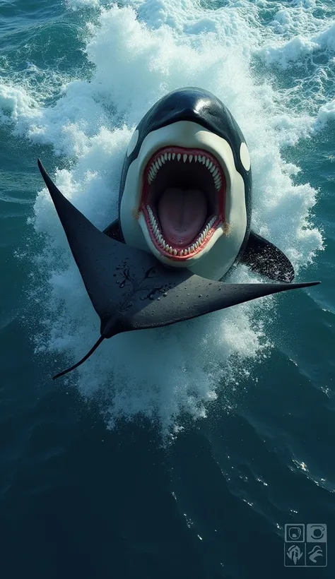 Gera uma imagem de uma orca com uma leão marinho A dramatic ocean scene unfolds with a powerful orca, also known as a killer whale, capturing a manta ray in its jaws. The orca is in mid-action, its mouth wide open, showcasing sharp, bloodied teeth as it bi...