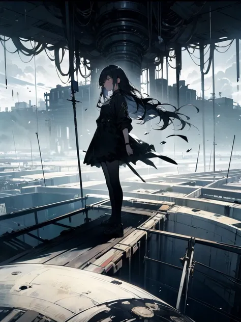 high quality, One Girl, Sad, Look Down, Bottom of the earth, stand up, abyss, A city surrounded by high walls, dark Cloud, Black Dress, Long Hair, Dystopia, dark