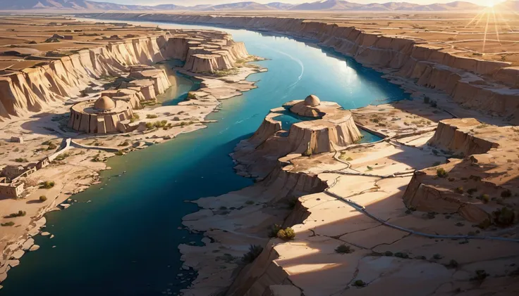 "An aerial view of the Euphrates River in a state of drought, with the water reduced to a trickle, revealing a cracked and dry riverbed. around, the river banks expose ancient ruins and caves that were once submerged. The setting sun illuminates the scene,...