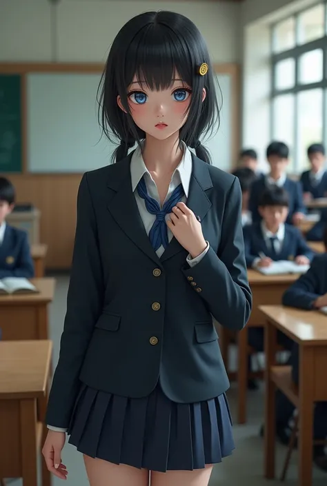 (realistic) Japanese, dressed as a sexy Japanese student, blue eye, in the classroom with students