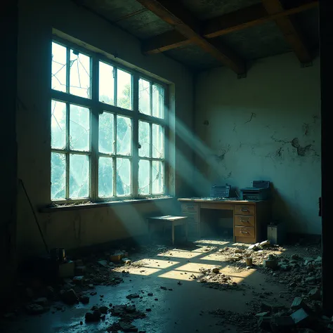 a corner in an abandoned office building, with shattered cristal windows and wreackaged