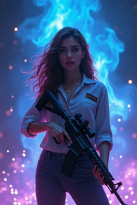 Brunette with wavy hair holding a rifle Blue and purple fire background Word QRTN on the background