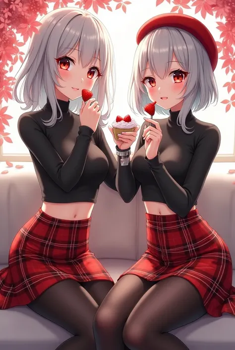 attractive, mature twin anime woman eating strawberries and whipped cream, red tartan beret, silver shoulder length hair, black crop top, red tartan skirt, black 60 denier opaque tights