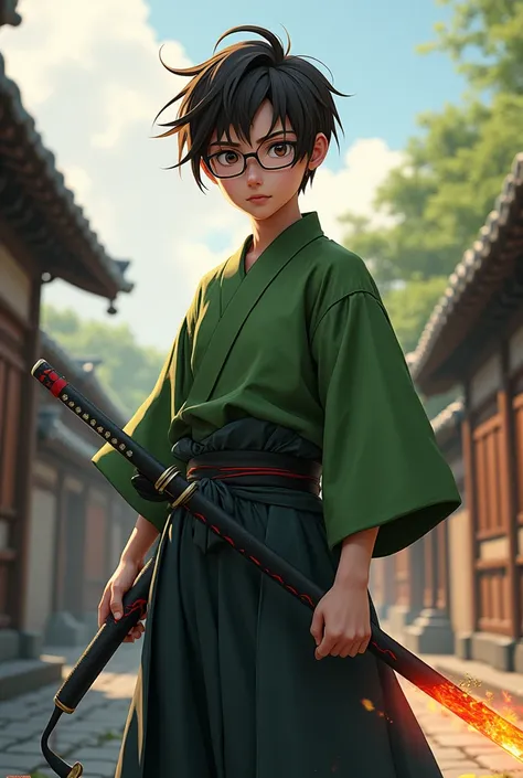 Boy with short hair on the sides and long on top, dark brown, Light brown eyes with rectangular glasses and a serious face and a reckless smile with light brown skin in ancient Japanese clothing in green and black and a katana that gives off fire with a ba...