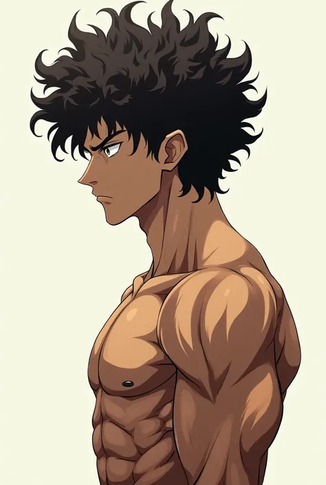 Image of anime character with muscles and fiber in the Baki Hanma style, character with curly hair profile picture, SHOWS A LITTLE MORE OF THE BODY CHARACTER THIN BUT MORE FIBERED MORE DESIGNED CURLY HAIR MORE TOWARDS CURLY