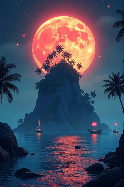 Glowing Neon Night shots Orange Full Moon The above part forms a large island that contains if rocks, coconut trees, forests, and sunlight. Multiple pirate ships on the surface of the water. The water should be crystal clear near the surface and gradually ...