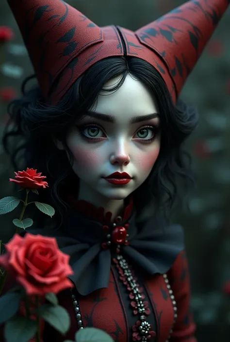 tim burton style, 3D girl ,Queen of Hearts from Alice in Wonderland,ultra detaled face ,expression of curiosity and contemplation, bachground a dark forest with little red roses