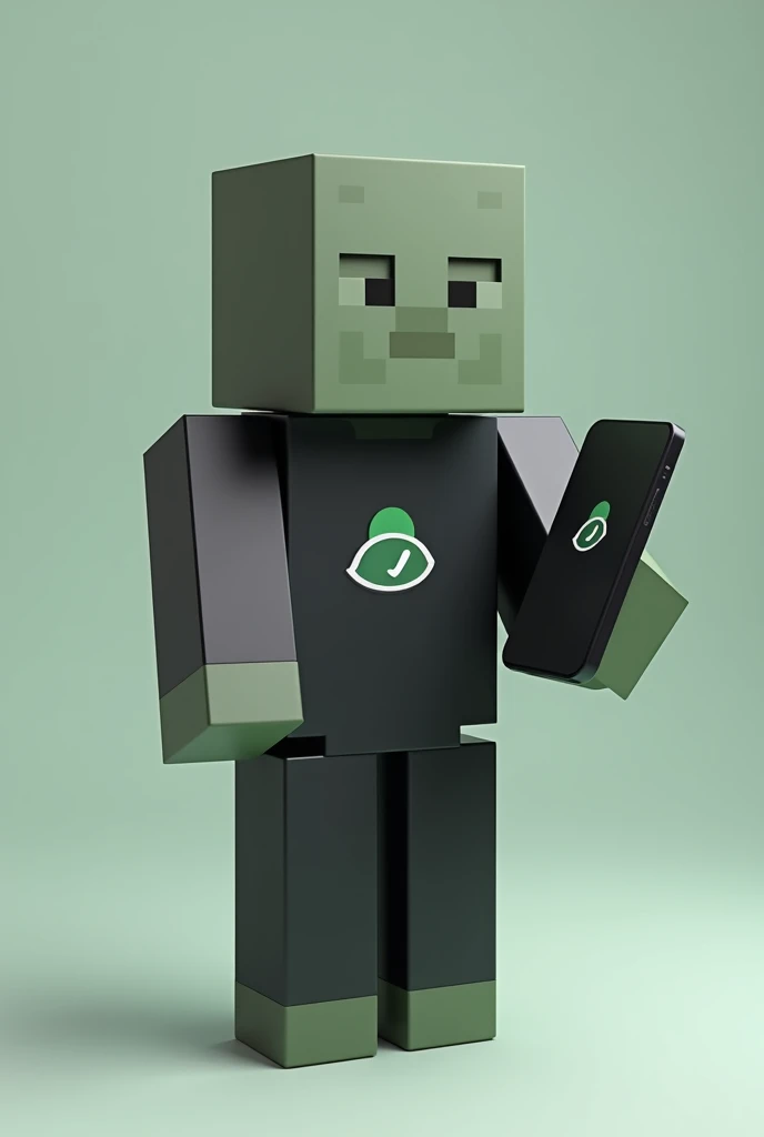 I want you to make a Minecraft doll holding a cell phone with the WhatsApp logo wearing black clothes with the WhatsApp logo on the side.