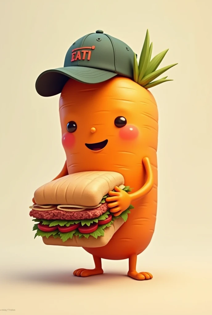 Carrot with a cap eating a meat sandwich
