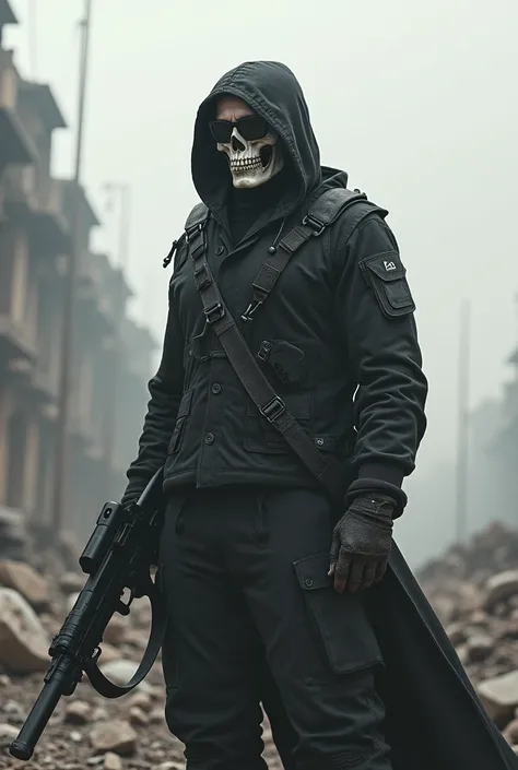 A soldier with a skull mask covering half of his face, with hoodie and sunglasses in an apocalyptic war holding a gun, wearing a black army uniform, aiming the gun at the sky 