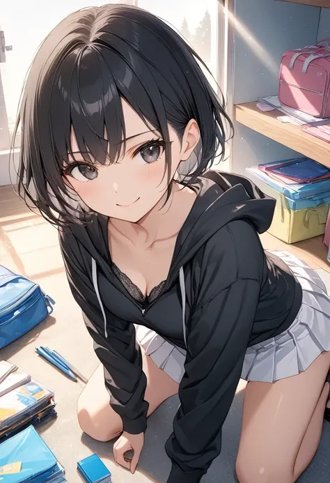 anime、((Amazingly absurd)),(masterpiece:1.2),超High resolution, Attention to detail, high quality, High resolution, 最high quality, 4K, 8k、Crouching beautiful girl,Picking up scattered school supplies,I can see the bra,Emphasise the female,kind,Black Eyes,Em...