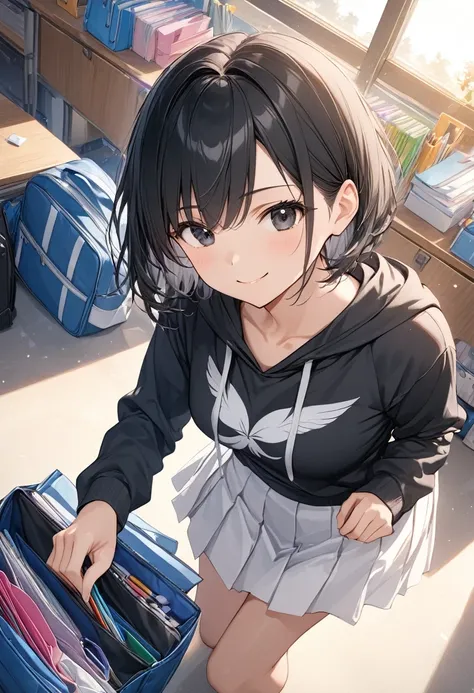 anime、((Amazingly absurd)),(masterpiece:1.2),超High resolution, Attention to detail, high quality, High resolution, 最high quality, 4K, 8k、Crouching beautiful girl,Picking up scattered school supplies,I can see the bra,Emphasise the female,kind,Black Eyes,Em...