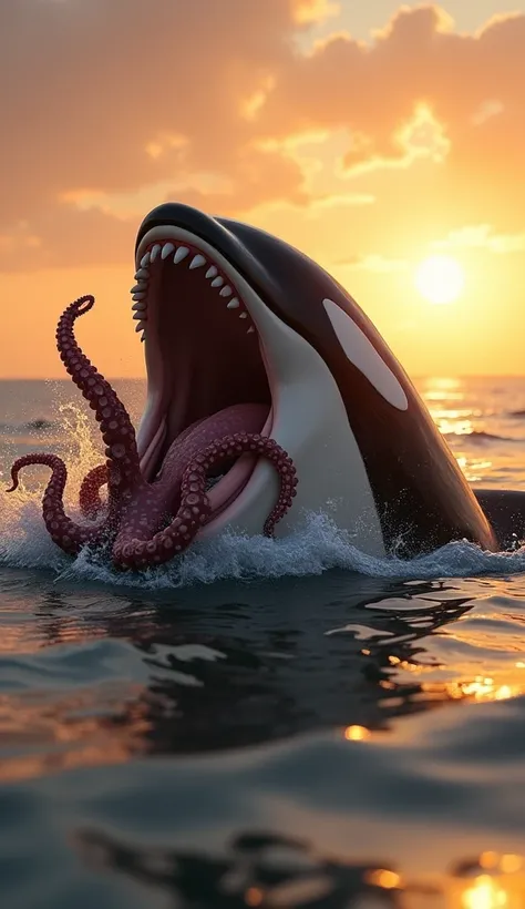 a powerful orca emerging from the ocean with an octopus in its jaws, dramatic ocean scene, sunset over the calm sea, detailed orca with black body and white markings, open jaws revealing sharp teeth, octopus tentacles writhing, warm golden light reflecting...