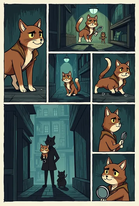  A 12 frame comic about a detective cat and his dog friend developing a story 

