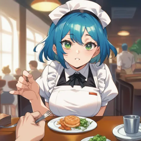 POV female waitress taking a customers order at a restaurant, She has blue hair, and green eyes