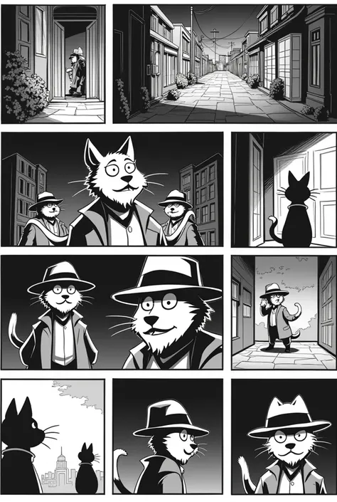  A 12-frame comic for each scene about a detective cat and his dog friend developing a story 

