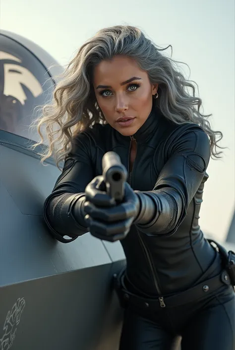 A beautiful youthful looking Filipino version of Ariana Grande as a 50 years old woman with long curly compl etely gray hair as the superhero Daisy Johnson from A gents of S.H.I.E.L.D wearing a Daisy Johnson outfit lea ning on a f 35 holding a gun in her h...