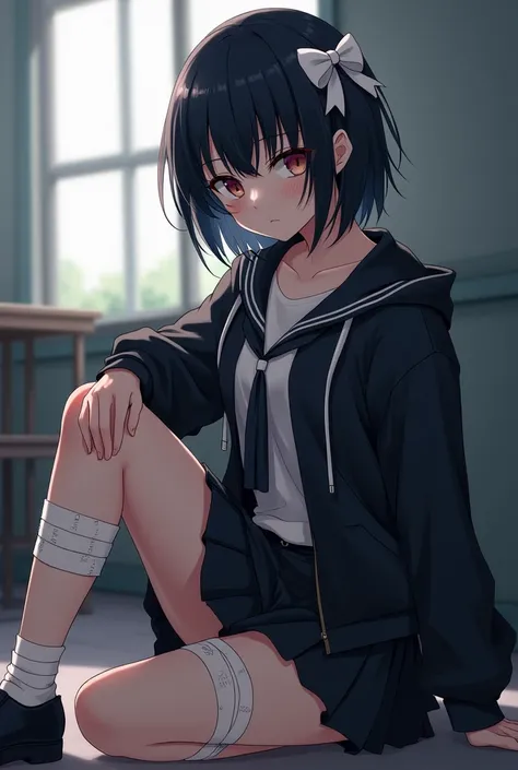 Generates a girl with short black hair down to her shoulders and bangs covering her eyes, a bow in her hair and a long-sleeved school-style shirt plus a black jacket with a small waist and small chest, a short black skirt in an anime-type pose showing a li...