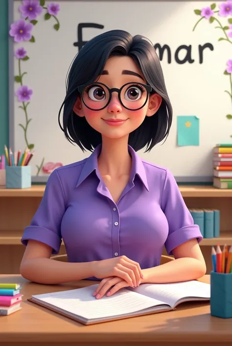 Female Disney animation image of elementary school teacher,   of robust build, white skin, with glasses, Short straight black hair, thick-lipped, sitting at a desk with notebooks, colors and pencils, with purple shirt, with a white board in the background ...