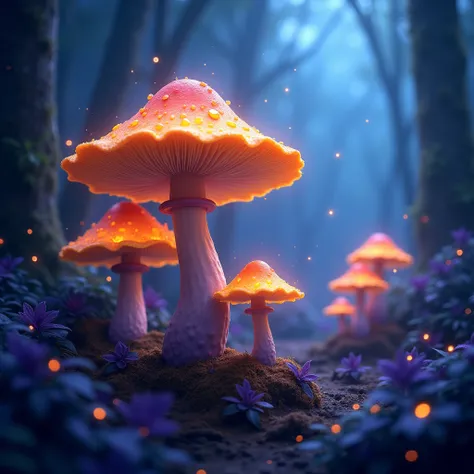 Generate me an image showing a group of magical, luminous mushrooms in a fantasy setting. Mushrooms have large, brightly colored caps., mainly oranges and yellows with bright drops on the surface, giving the appearance of being covered in dew or magic. The...