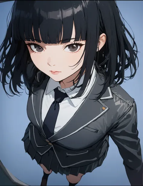 1girl, solo, black hair, looking at viewer, necktie, shirt, blunt bangs, collared shirt, black eyes, white shirt, full body, closed mouth, black necktie, jacket, skirt, school uniform