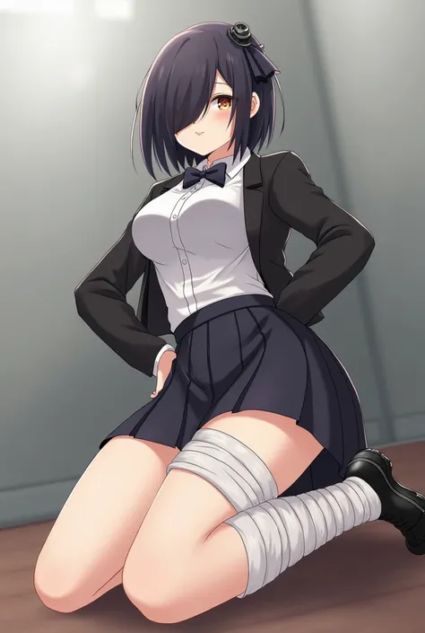 Generates a girl with short black hair down to her shoulders and bangs covering her eyes, a bow in her hair and a long-sleeved school-style shirt plus a black jacket with a small chest and a short black skirt in an anime-type pose showing a little of her u...