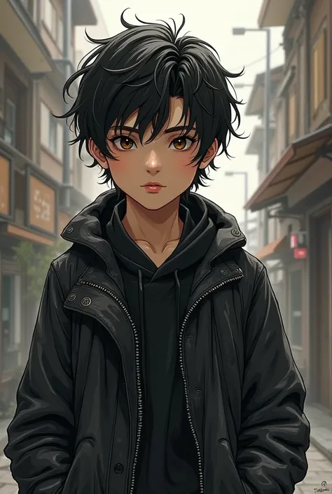 Drawing of a boy from Trigono ,with black hair and a black jacket