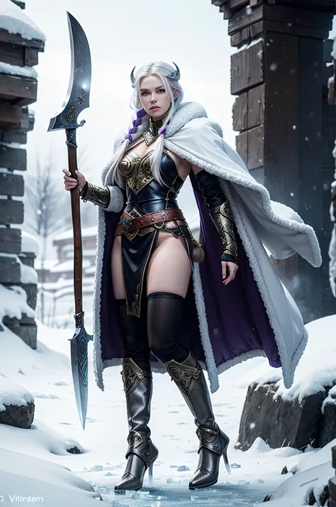 female fantasy character, warrior,cold winter,  crystal light armor, feminine concept, robotic arm, albino, high heels boots, pale skin,purple eyes, side cut hair, long hair, white hair with braids, athletic body, viking hairstyle, animal fur coat, viking ...