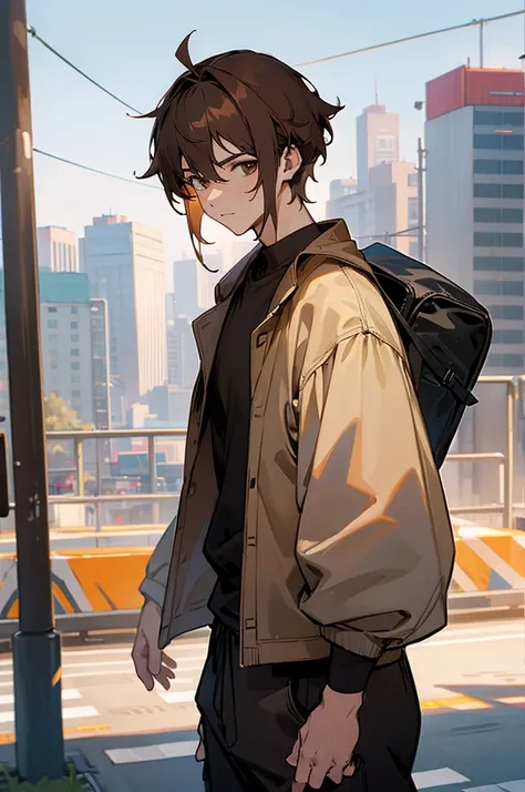  male, city background, street clothes, Brown hair color