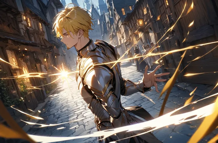 ((masterpiece), best quality, high quality, professional quality, highly detailed, highres, perfect lighting, natural lighting), (1boy, slender, handsome, goatee, short hair, yellow hair), wearing silver armor,fantasy paradin, casting a spell, in a fantasy...