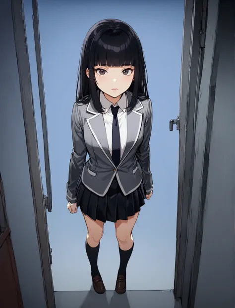 1girl, solo, black hair, looking at viewer, necktie, shirt, blunt bangs, collared shirt, black eyes, white shirt, full body, closed mouth, black necktie, jacket, skirt, school uniform, standing 