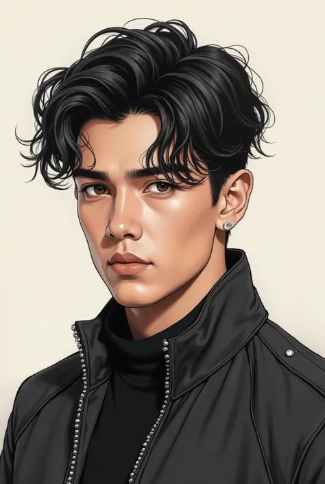 Drawing of a twenty-two year old boy ,trigeño ,with black hair and a black jacket