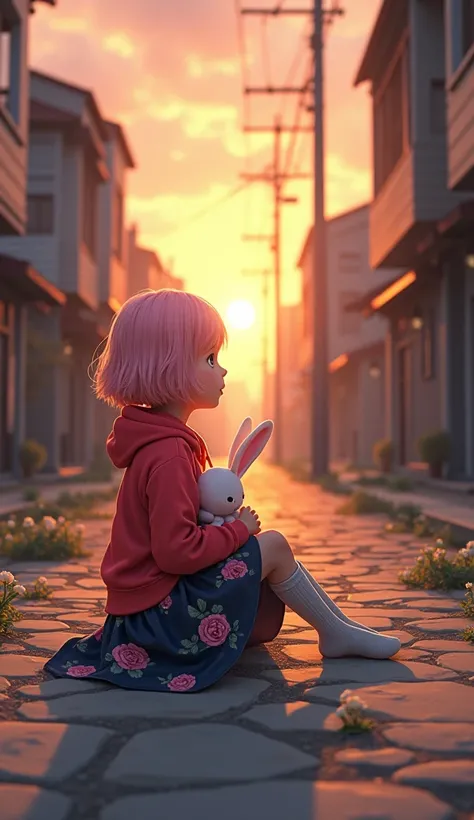  a young girl with light pink, slightly wavy hair sitting on a rocky pathway during sunrize. holding a white plush bunny in her right hand while wearing a vibrant crimson red hoodie, a dark navy blue skirt adorned with intricate floral patterns of pink ros...