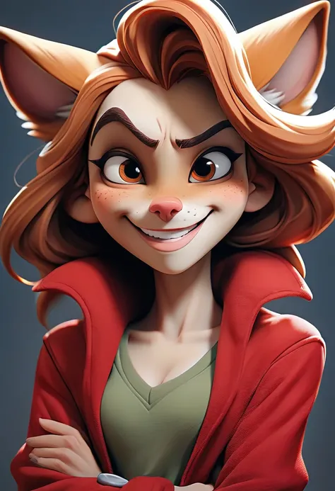 rating_safe, score_9, score_8_up, score_7_up, score_6_up, score_5_up, score_4_up, hires, cover page, absurdres, perfect anatomy(anthro furry, snout, closeup, solo female, cleavage, leaning forward, smile, red)no top, sweatpants,