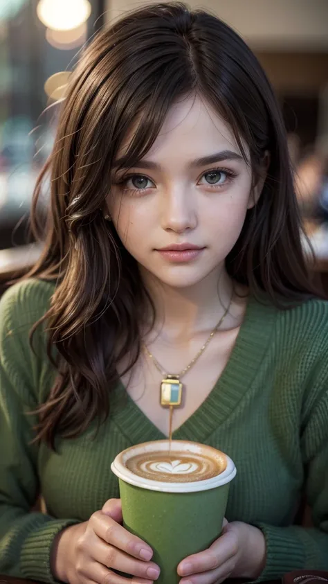 Beautiful brownie in green sweater (Drink coffee in a modern café at sunset), Very detailed, 2, Innocent face, Natural wavy hair, Brown eyes, High resolution, Golden Necklace, masutepiece, Best Quality, Intricate details, Highly detailed, Sharp Focus, Deta...