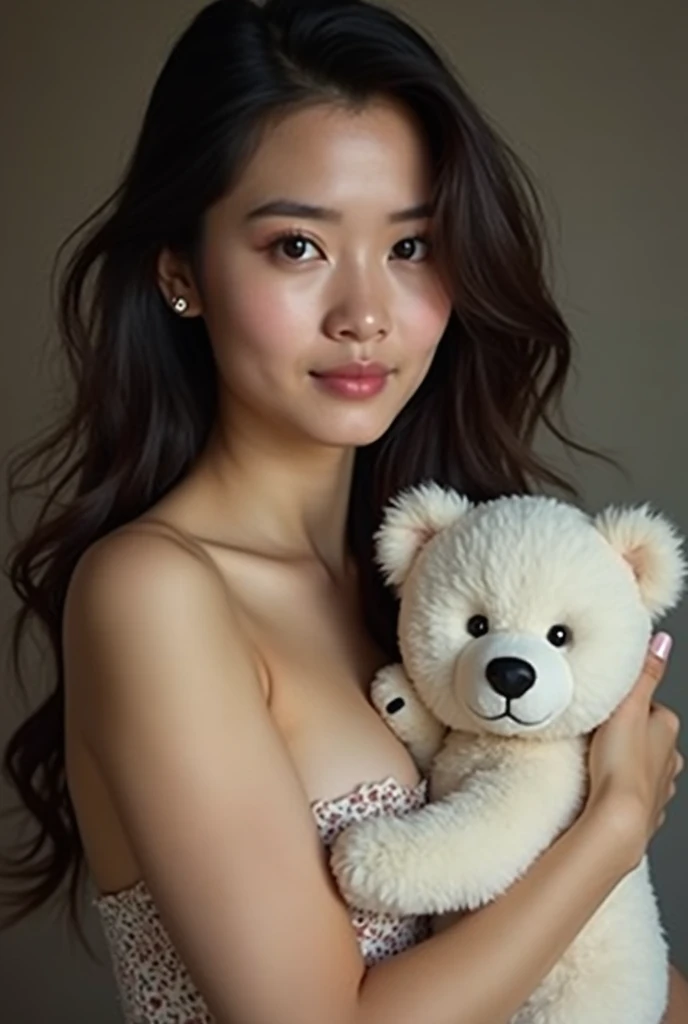 High-quality Realistic of  thai woman, Beautiful girl (((naked breast , large breast , big breast , nsfw))) , Best Quality, 20 years old thai girl with long, flowing hair holds a fluffy white teddy bare in her arms. The womans gaze meets the camera, her ex...