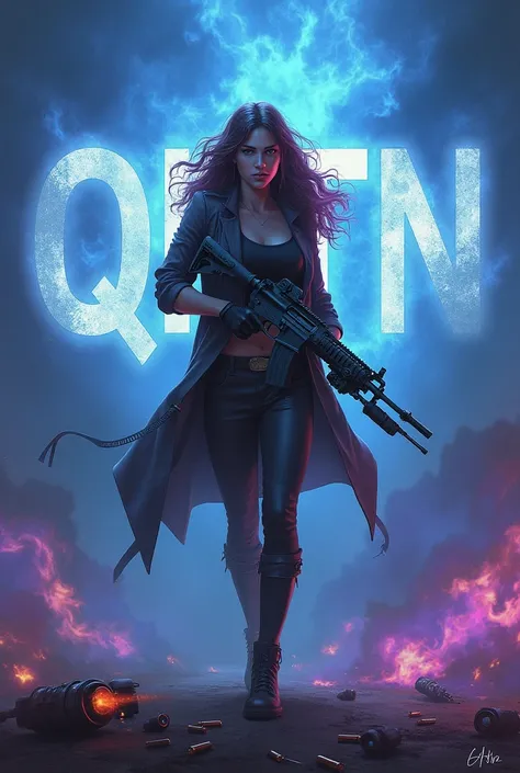 Brunette wavy hair holding a rifle Blue and purple fire background with gun clips and bombs Word QRTN in the background
