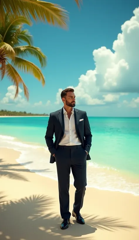 Elegant man on Miami Beach, ultra-realistic, sinematographic image, 4k